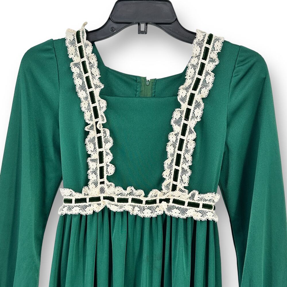 Vintage Handmade Polyester Prairie Dress Gown Womens Size Small Green White Lace - Picture 2 of 6